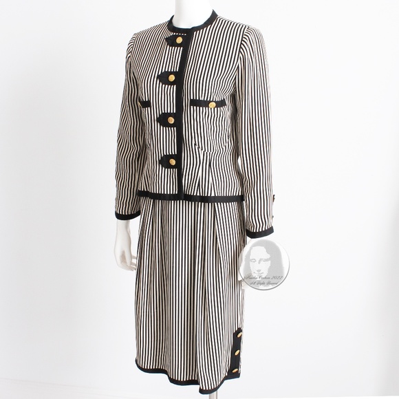 Albert Nipon Suit 2pc Jacket & Skirt Black White Striped Pinstripe Sz 10 Vintage - Picture 5 of 11